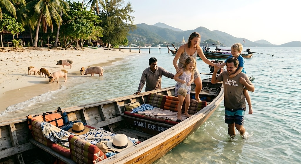 A family unboarding on Pig Island, Koh Mudsum, Koh Samui from a longtail boat in a private trip with CHANG Samui Rentals